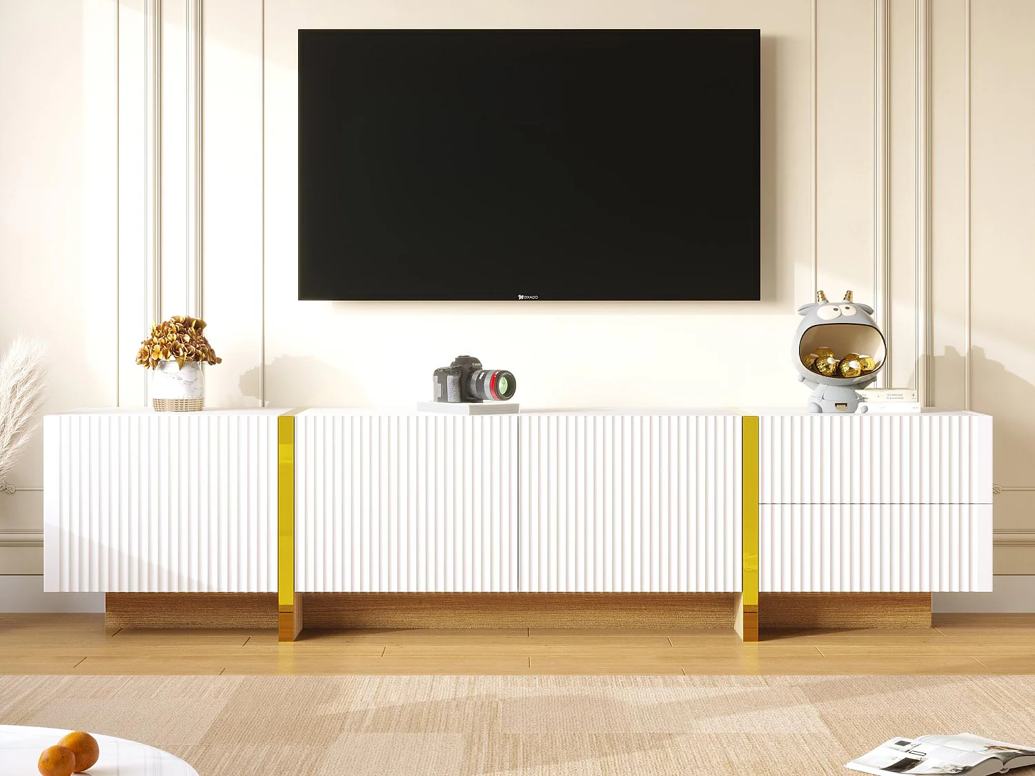 Mobile TV L 190 cm - 3 ante 2 cassetti 5 scomparti - Bianco e oro