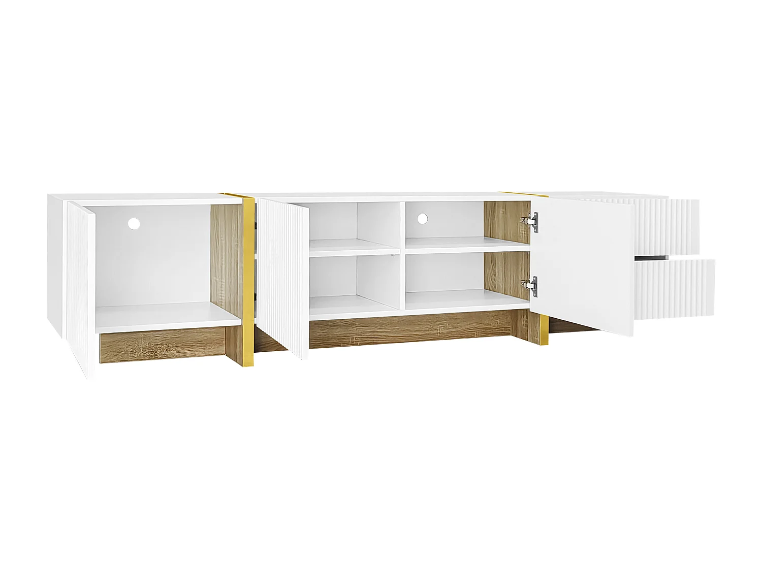 Mobile TV L 190 cm - 3 ante 2 cassetti 5 scomparti - Bianco e oro