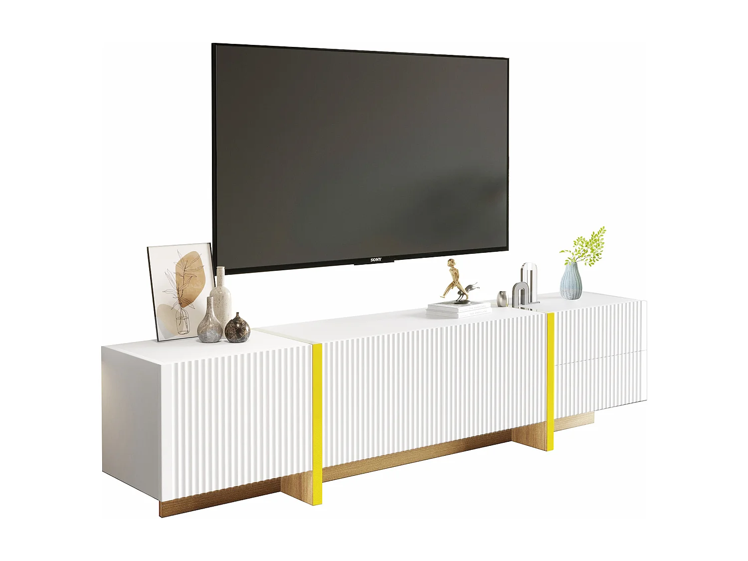 Mobile TV L 190 cm - 3 ante 2 cassetti 5 scomparti - Bianco e oro