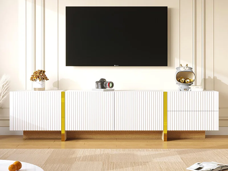 Meuble TV L 190cm - 3 portes 2 tiroirs 5 compartiments - Blanc & Doré