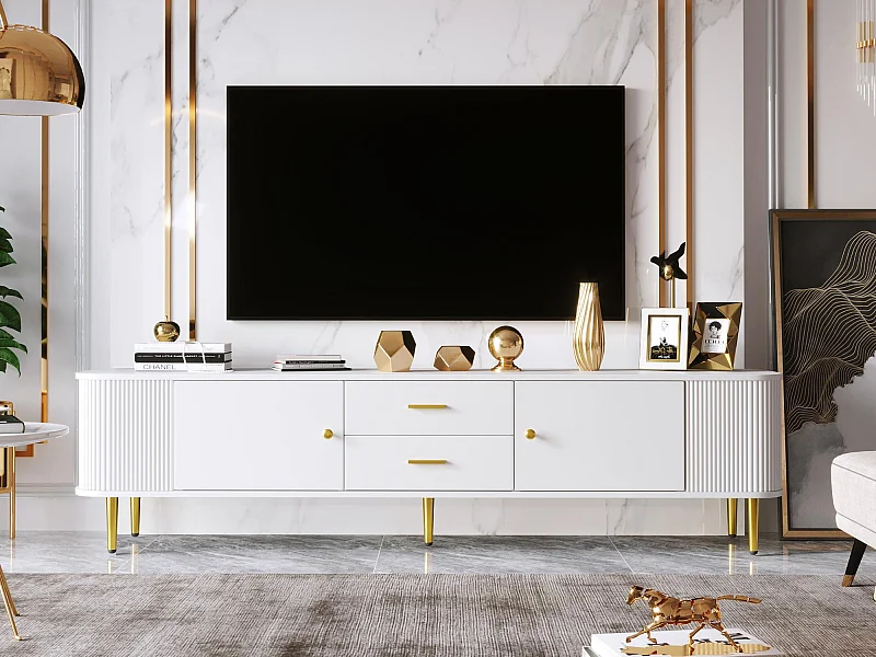 TV-Schrank L 170 cm – 2 Schubladen und 2 Türen – goldene Griffe und Füße – Weiß