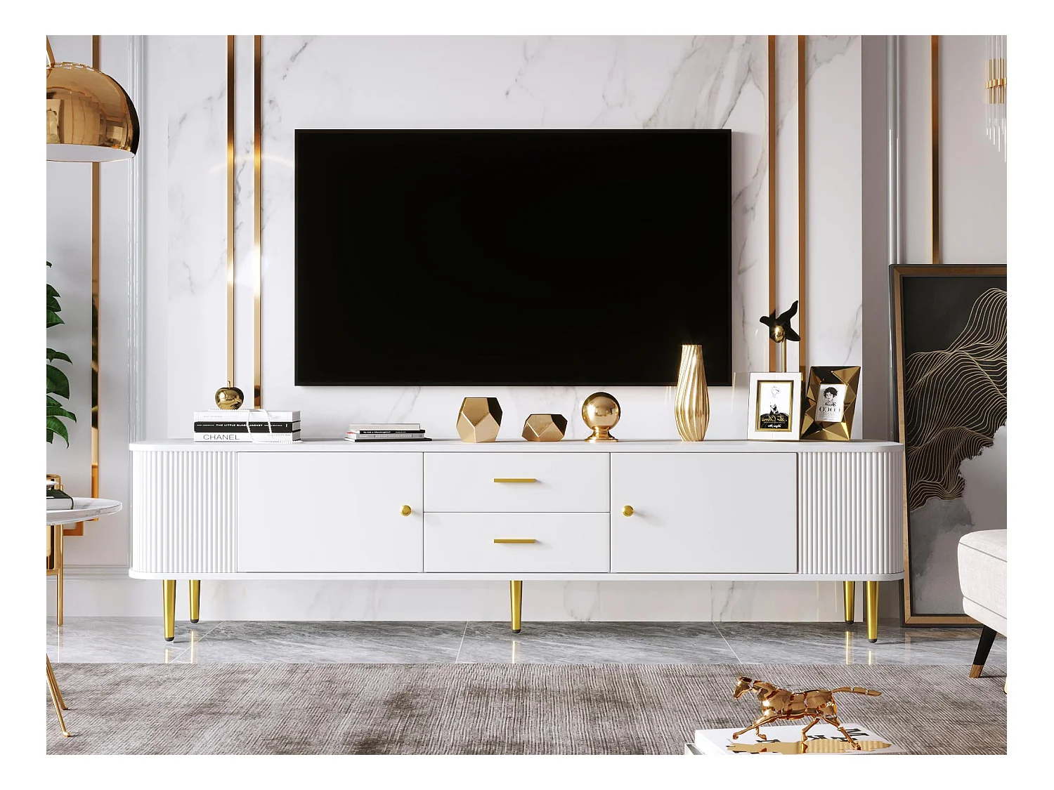 Meble TV L 170cm - 2 szuflady i 2 drzwi - złote uchwyty i nogi - Biały