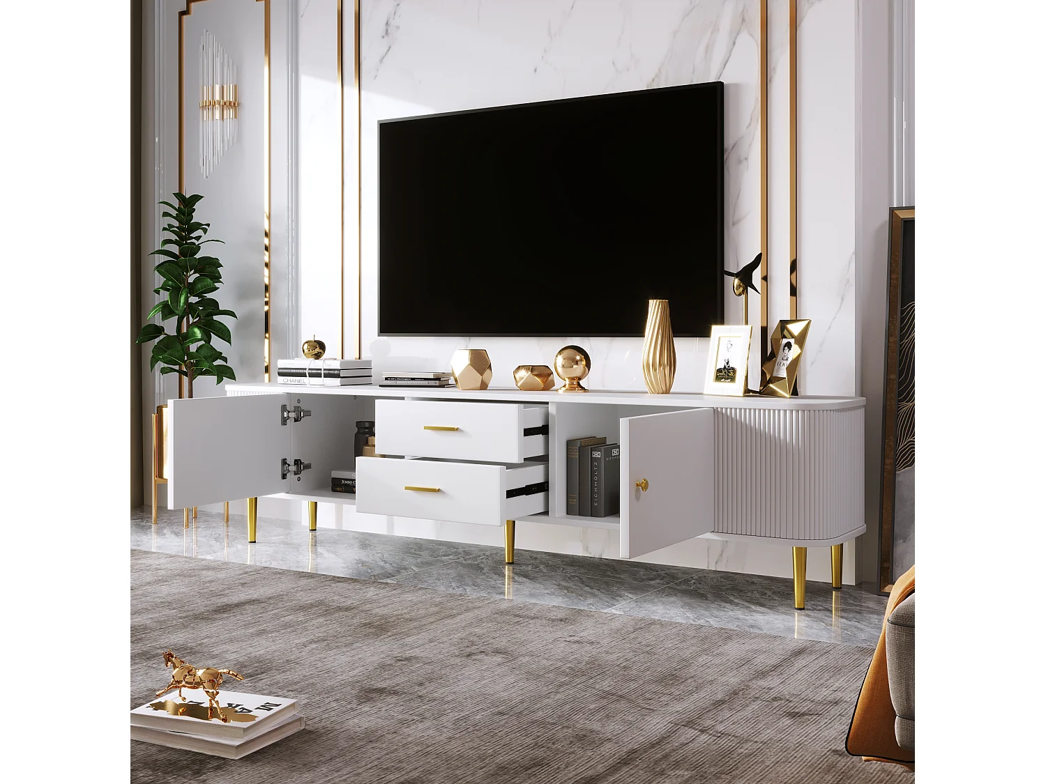 Móvel TV L 170cm - 2 gavetas e 2 portas - puxadores e pés dourados - Branco