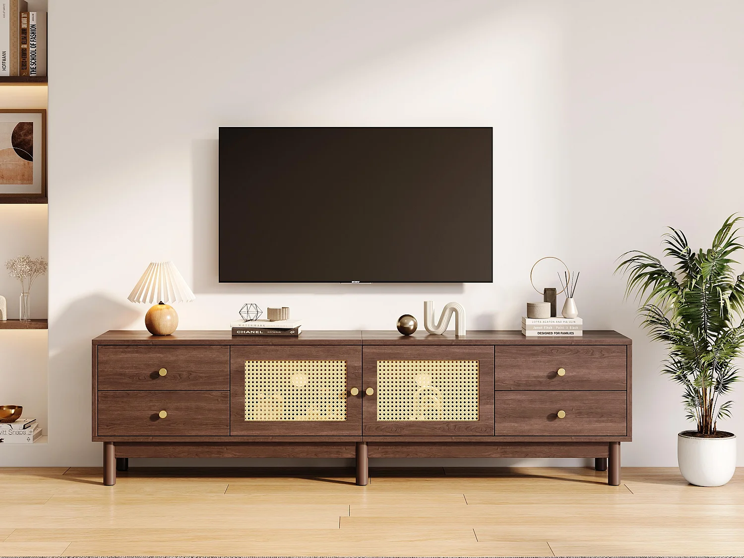 Mobile TV - con 2 ante in rattan e 4 cassetti - adatto per TV fino a 80" - Marrone