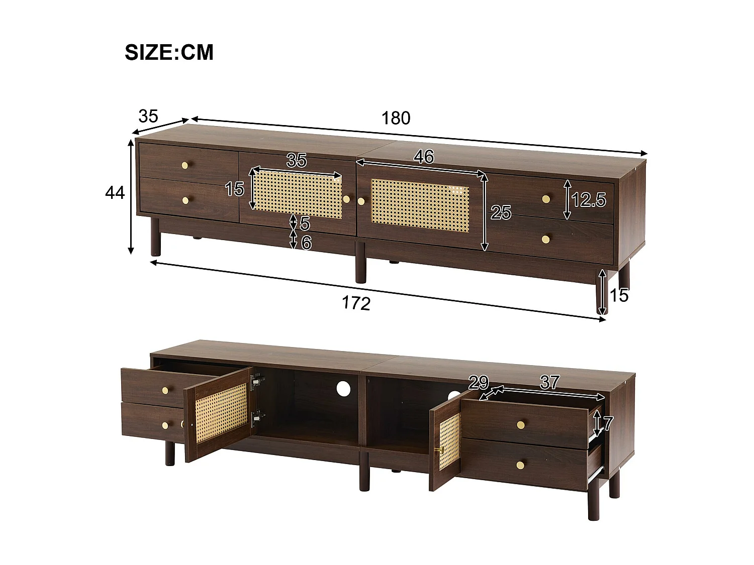 Mobile TV - con 2 ante in rattan e 4 cassetti - adatto per TV fino a 80" - Marrone