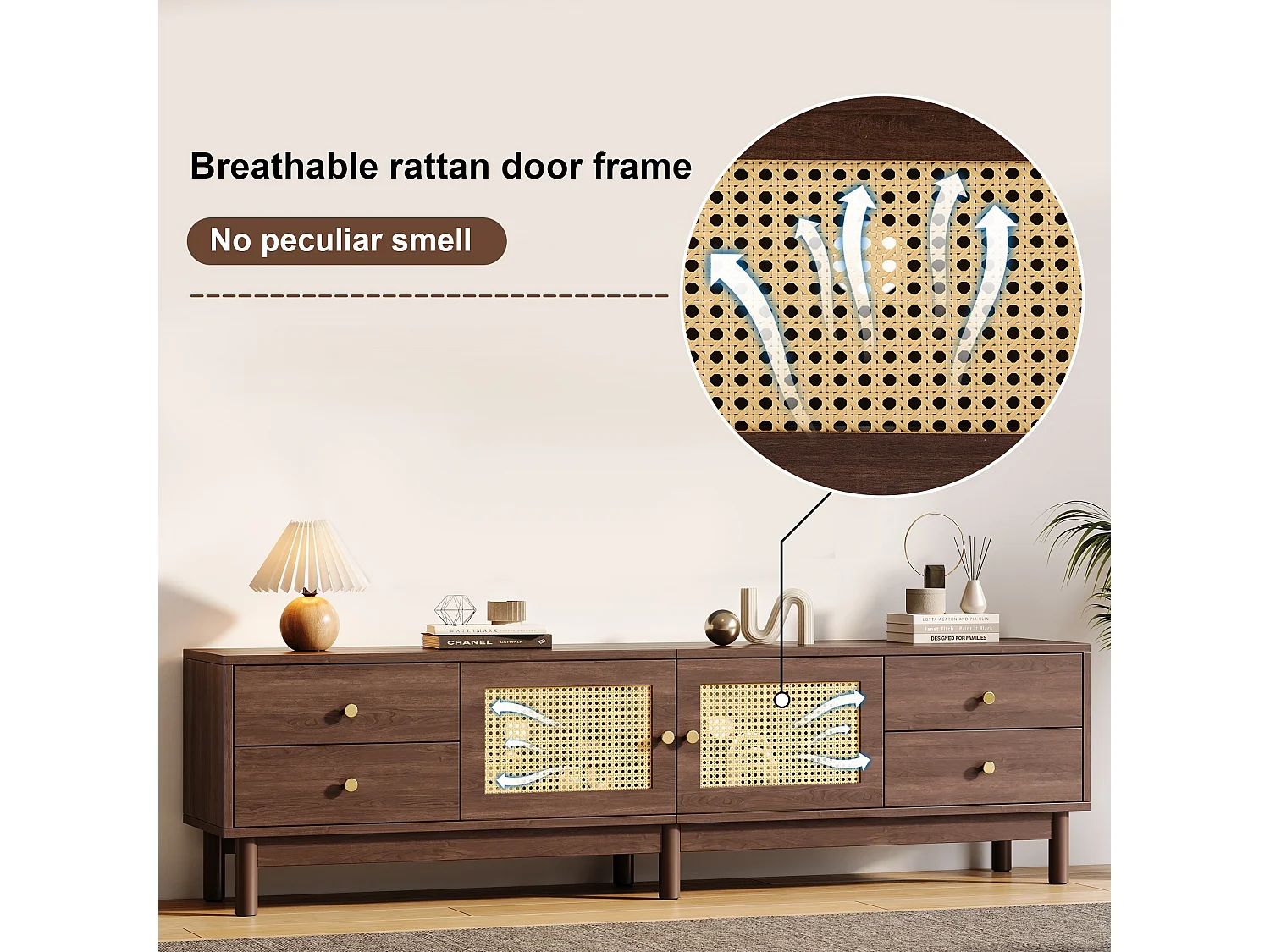 Meuble TV - avec 2 portes en rotin et 4 tiroirs - convient aux téléviseurs jusqu'à 80" - Marron