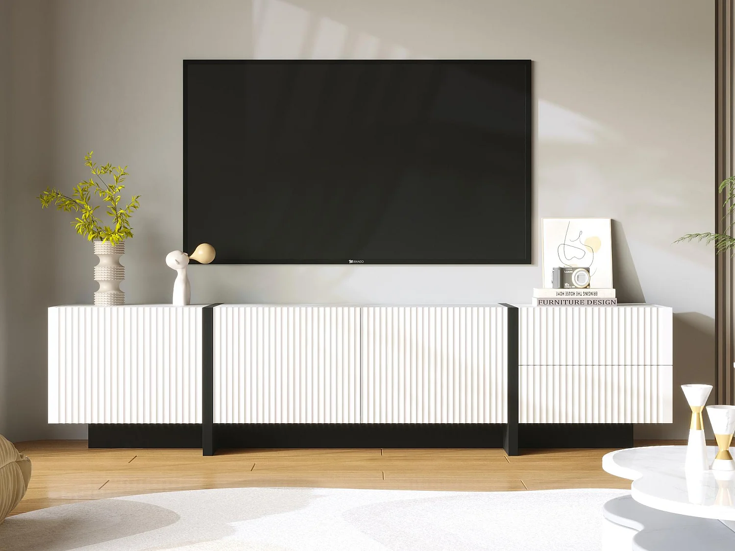Meuble TV L 190cm - 3 portes 2 tiroirs 5 compartiments - Blanc & Noir