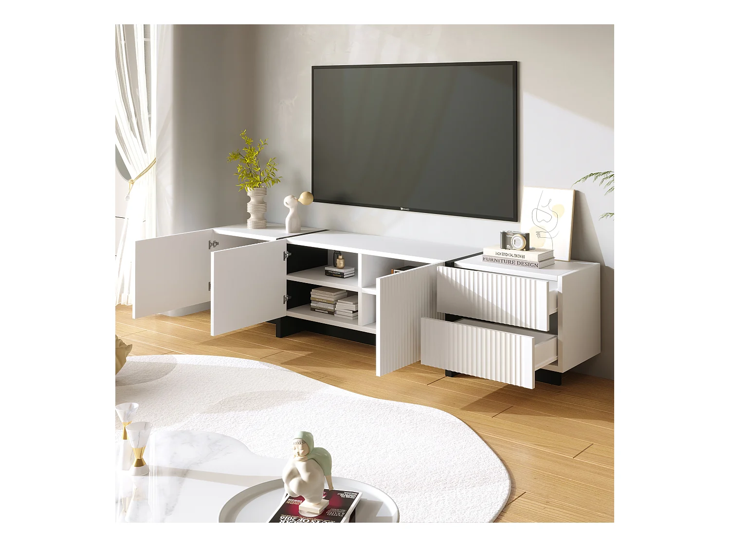 Meuble TV L 190cm - 3 portes 2 tiroirs 5 compartiments - Blanc & Noir