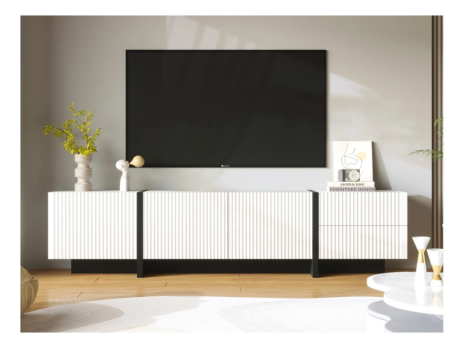 Meuble TV L 190cm - 3 portes 2 tiroirs 5 compartiments - Blanc & Noir
