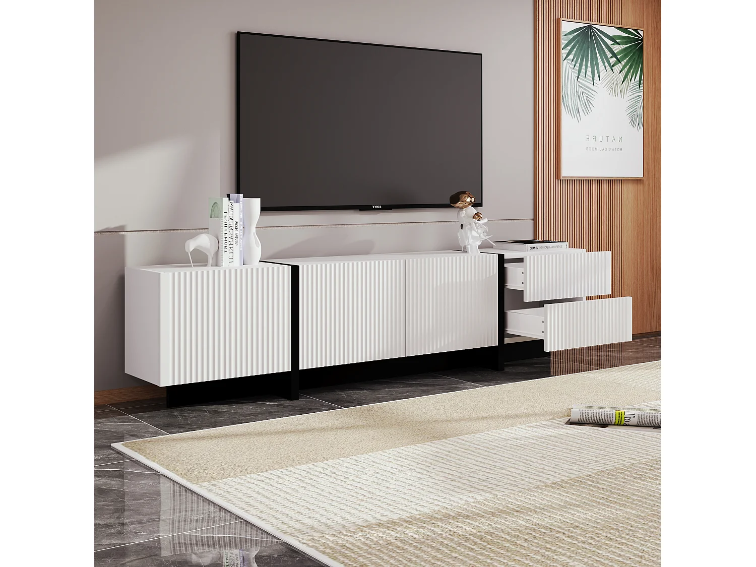 Meuble TV L 190cm - 3 portes 2 tiroirs 5 compartiments - Blanc & Noir