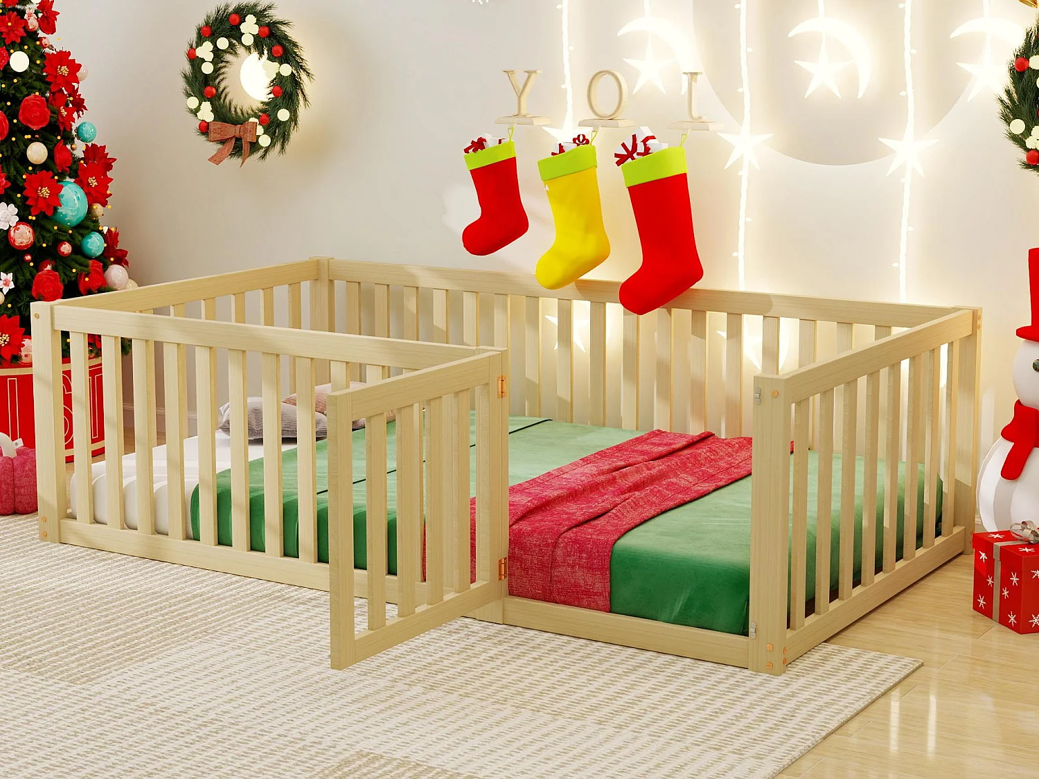 Lit enfant 90x200cm en bois massif avec barrière de sécurité - Naturel