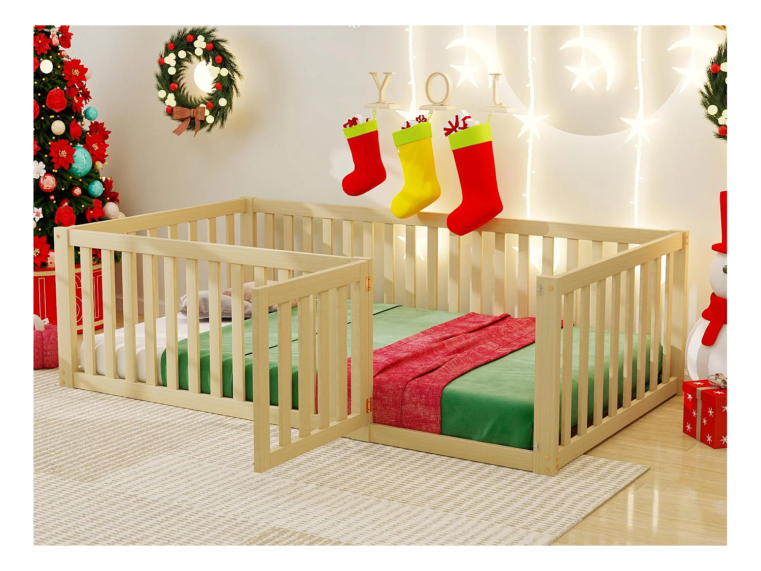 Lit enfant 90x200cm en bois massif avec barrière de sécurité - Naturel