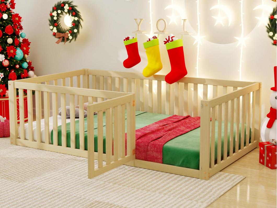 Cama infantil 90x200cm em madeira maciça com barreira de segurança - Natural