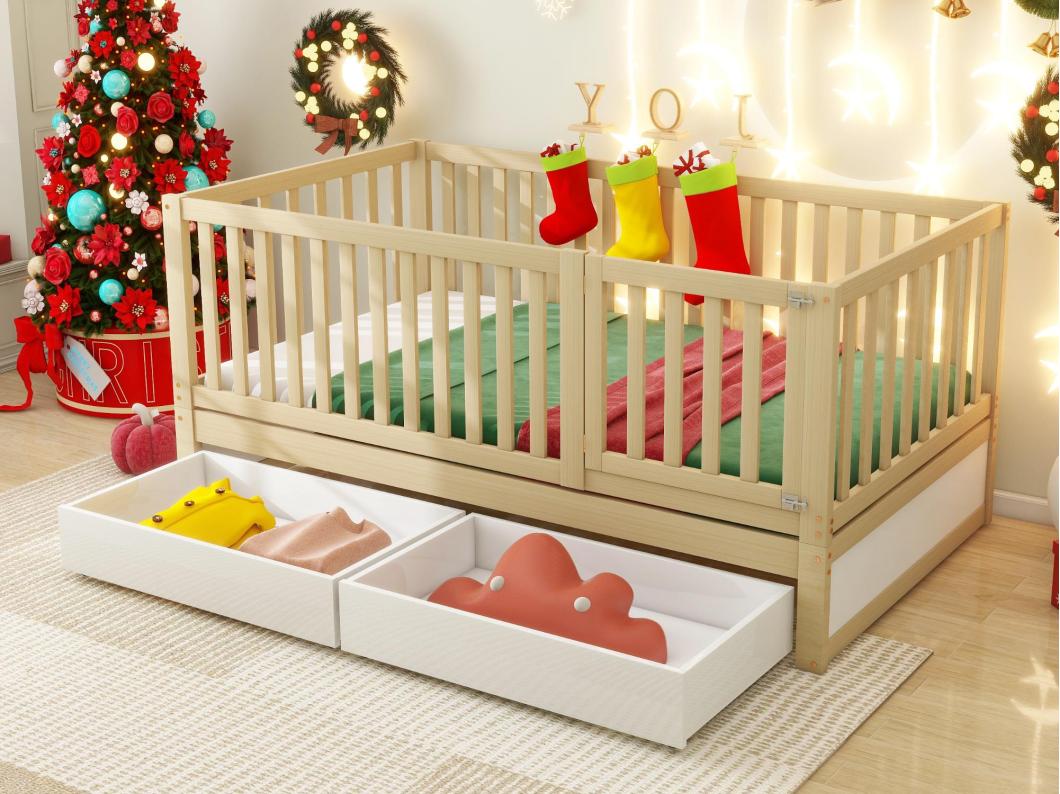 Cama infantil 90x200cm de madera maciza con barrera de seguridad y 2 cajones - Natural