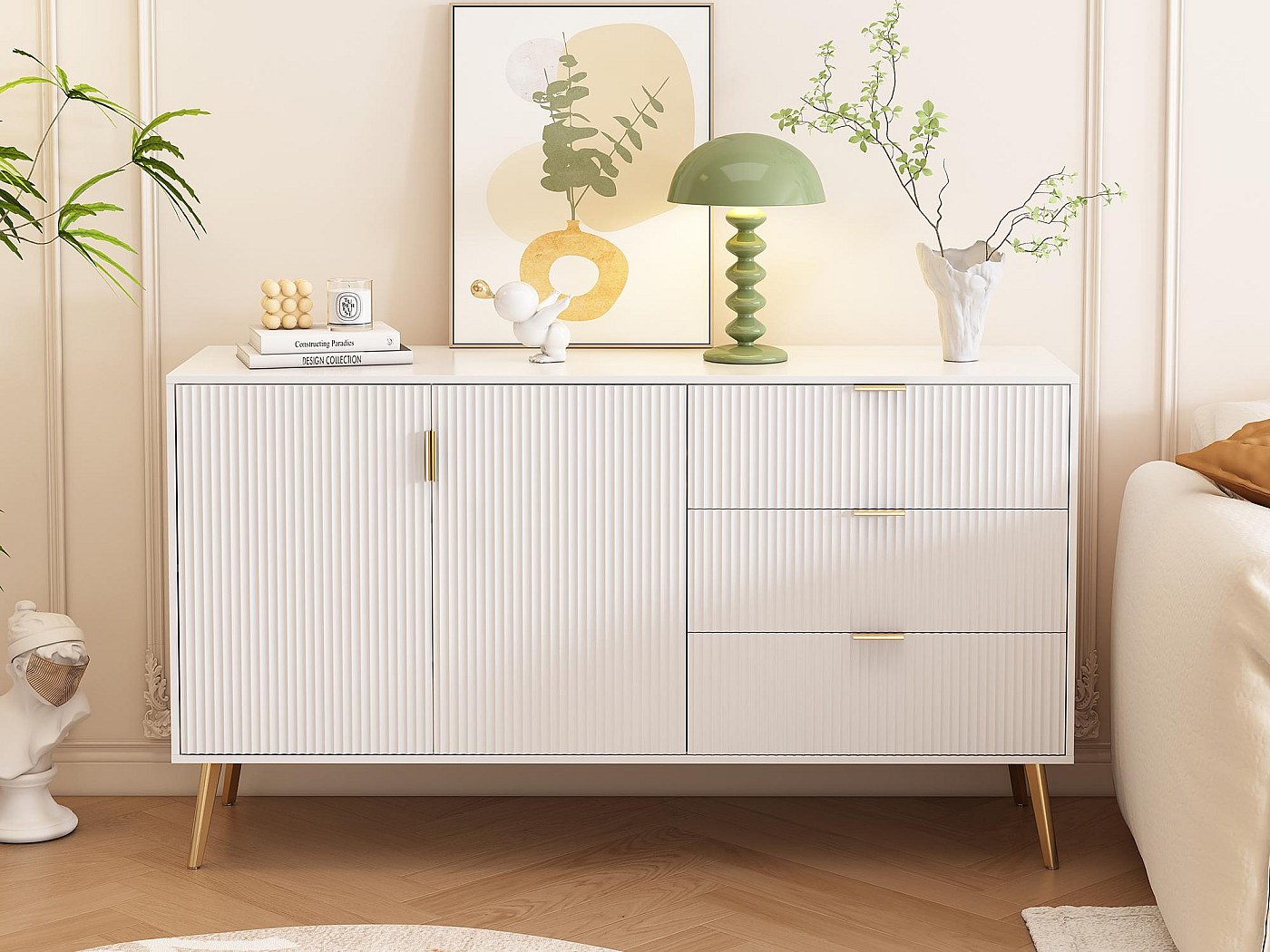 Commode Moderne BDW Alma 4 Portes - 50x119x40 Cm, Système Tip-on, Design Blanc/chêne, Pour Chambre, Salon, Couloir