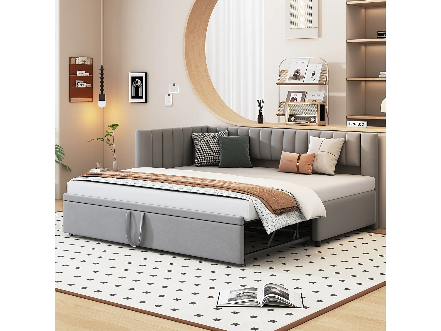 Łóżko piętrowe 90/180x200cm z weluru - Jasnoszare (materac nie jest w zestawie)