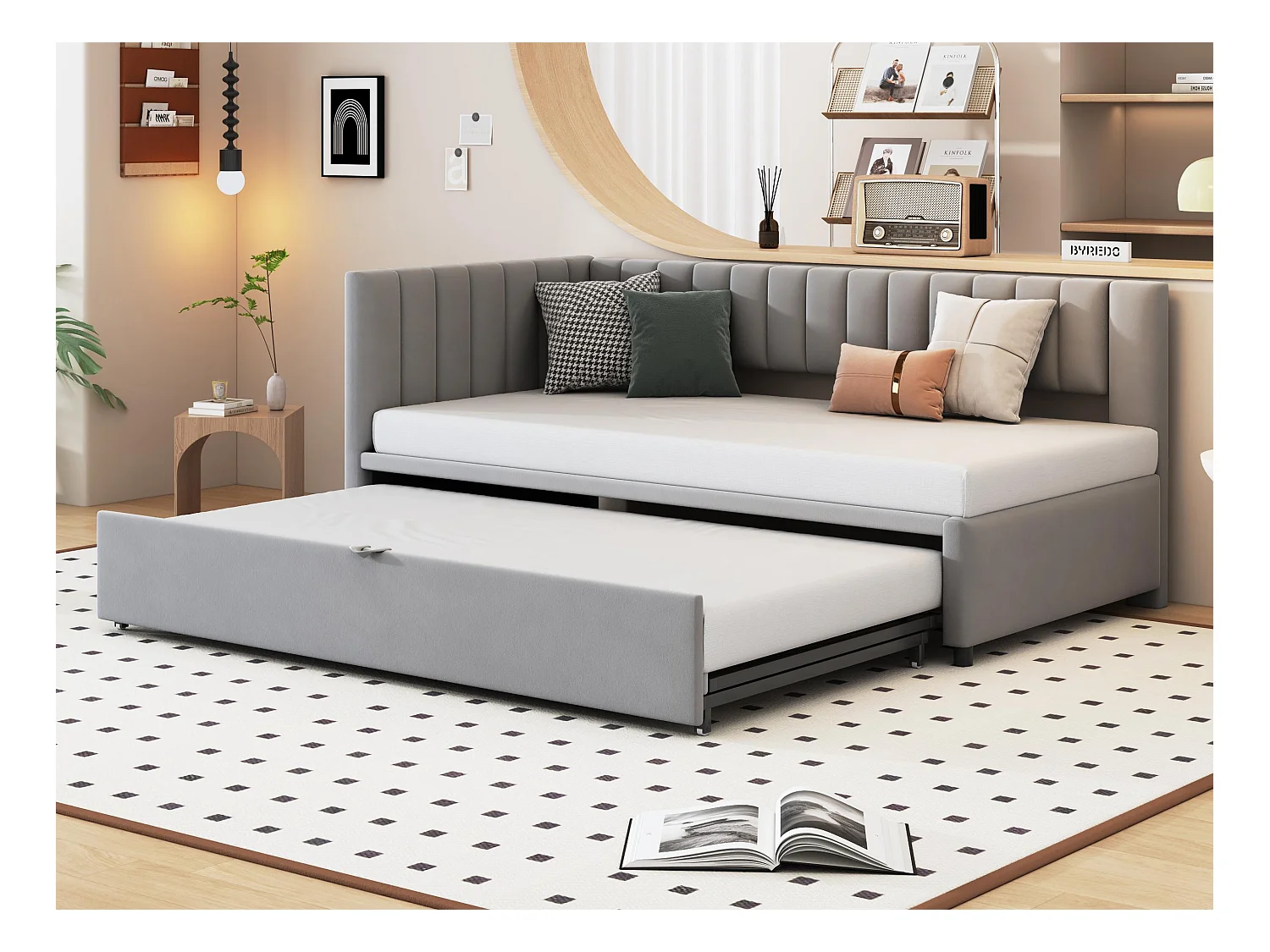Lit gigogne 90/180x200cm en velours - Gris clair (matelas non inclus)