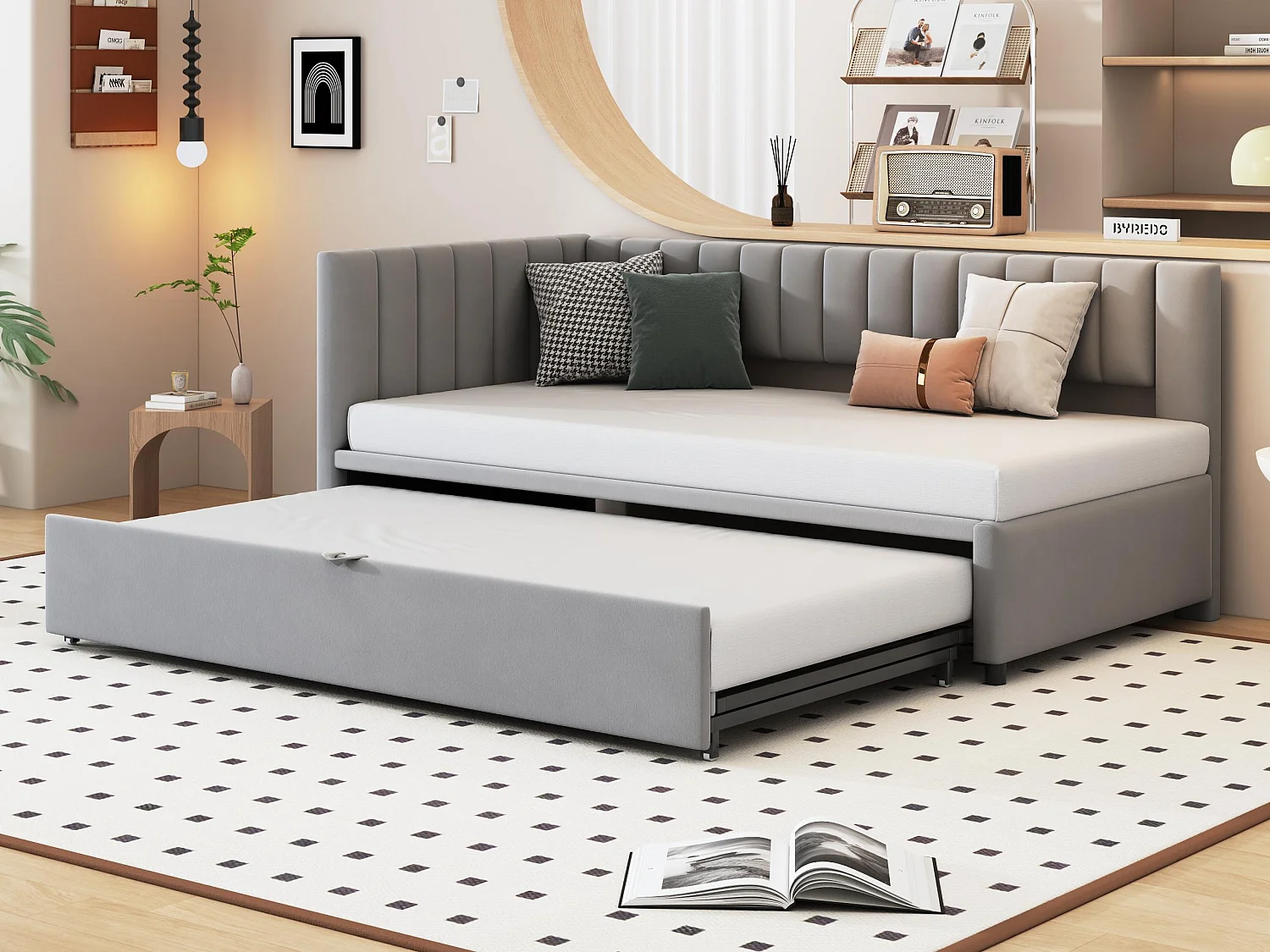 Lit gigogne 90/180x200cm en velours - Gris clair (matelas non inclus)