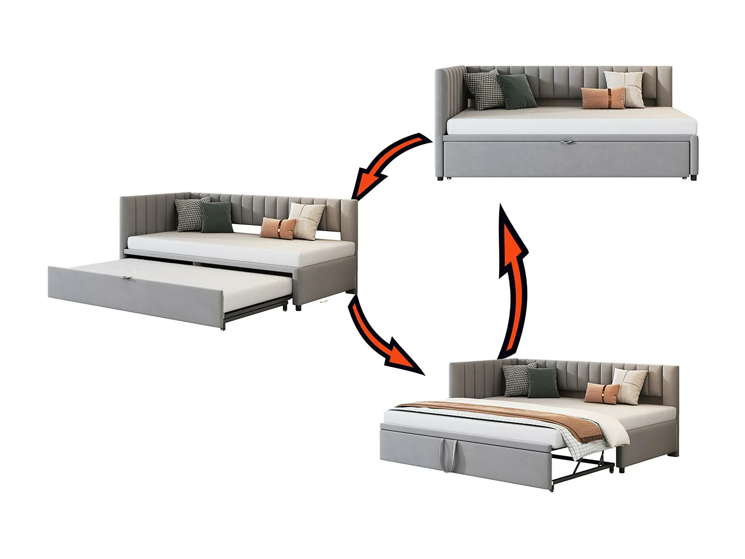 Lit gigogne 90/180x200cm en velours - Gris clair (matelas non inclus)