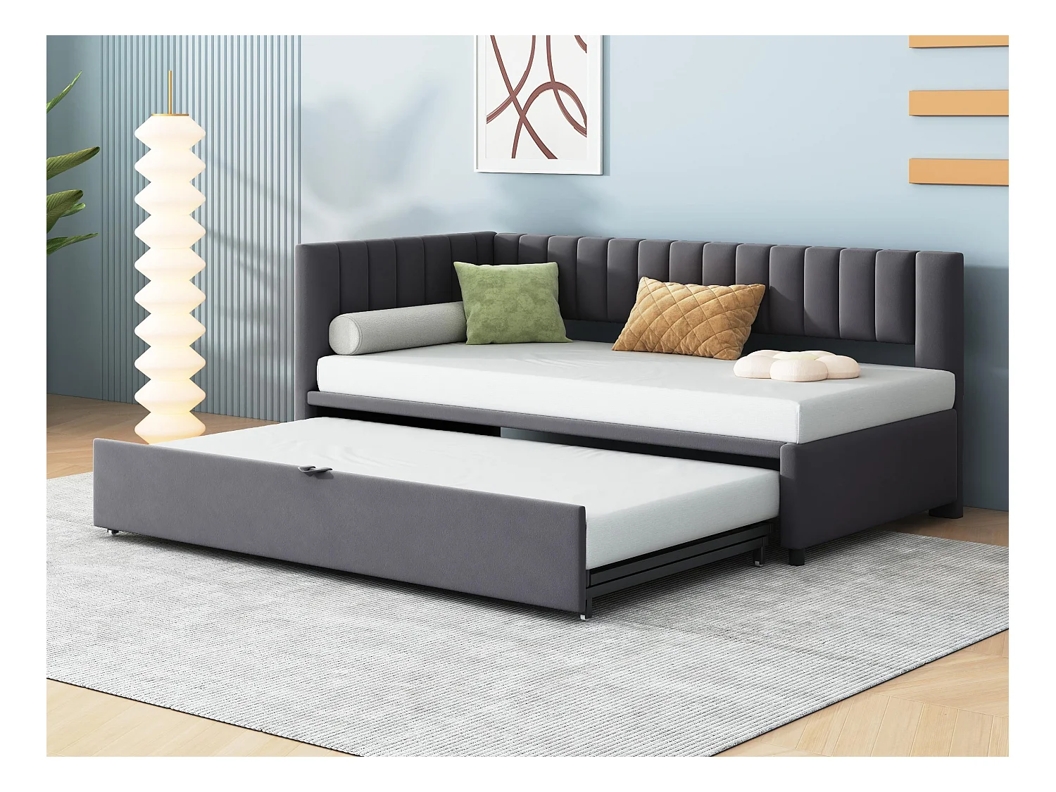 Lit gigogne 90/180x200cm en velours - Gris(matelas non inclus)