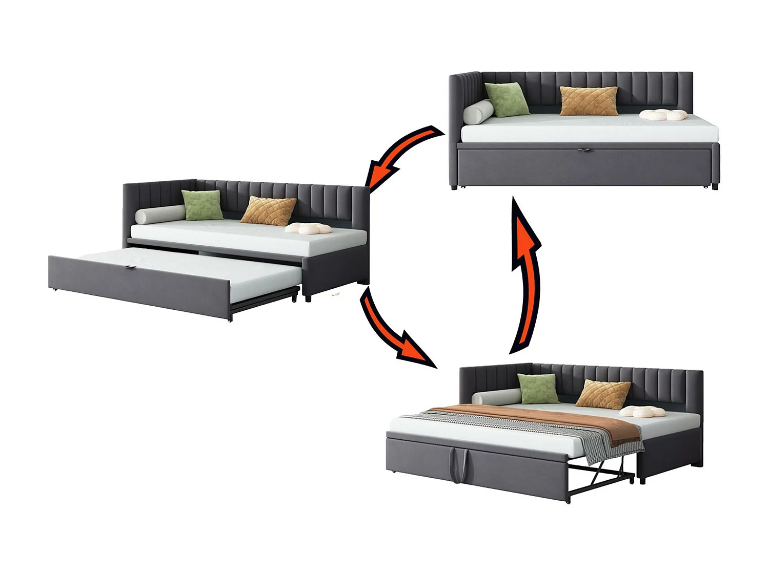 Lit gigogne 90/180x200cm en velours - Gris(matelas non inclus)