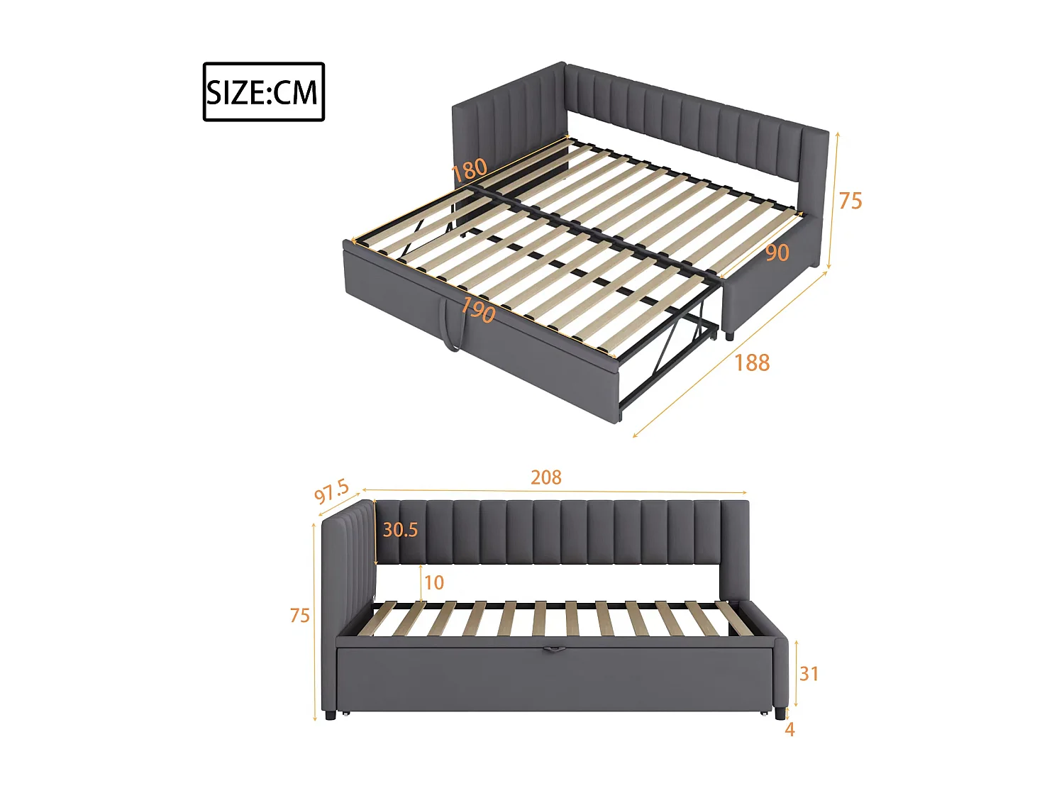 Lit gigogne 90/180x200cm en velours - Gris(matelas non inclus)