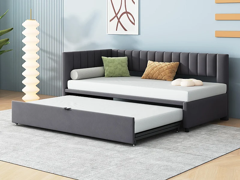 Cama Gaveta 90/180x200cm em veludo - Cinzento (colchão não incluído)