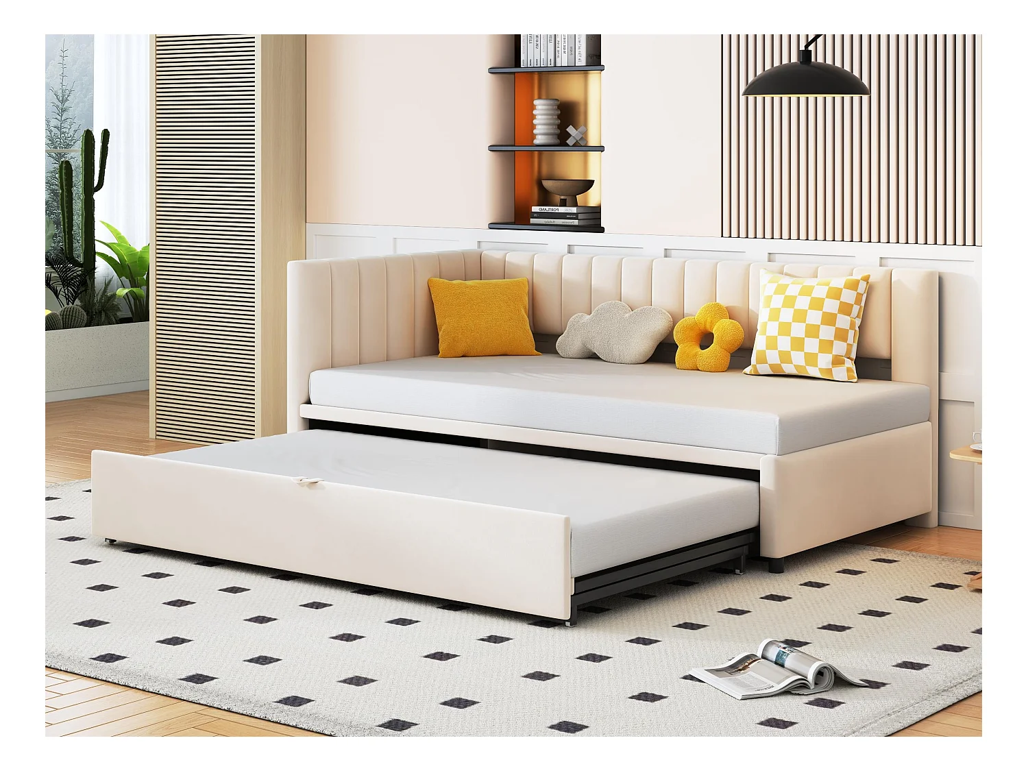 Lit gigogne 90/180x200cm en velours - Beige (matelas non inclus)