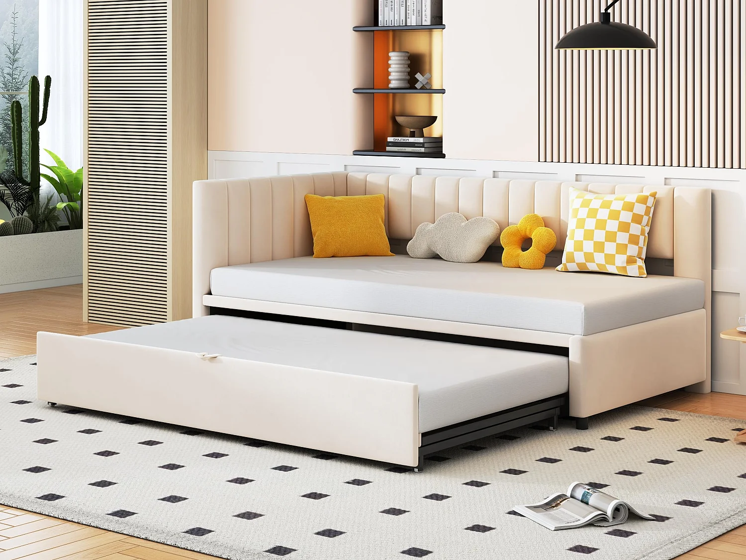 Ausziehbett 90/180x200cm aus Samt – Beige (Matratze nicht im Lieferumfang enthalten)