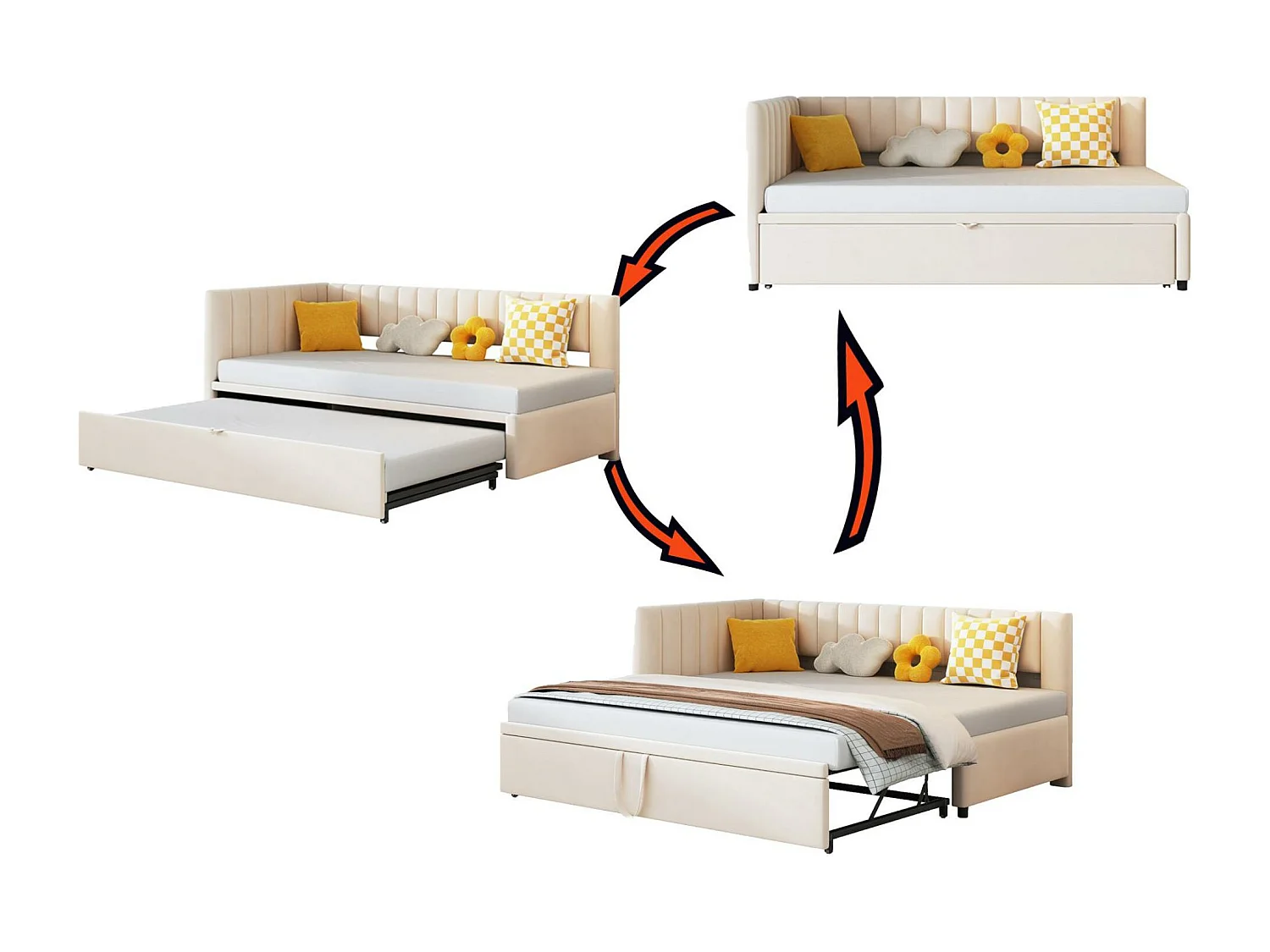 Ausziehbett 90/180x200cm aus Samt – Beige (Matratze nicht im Lieferumfang enthalten)