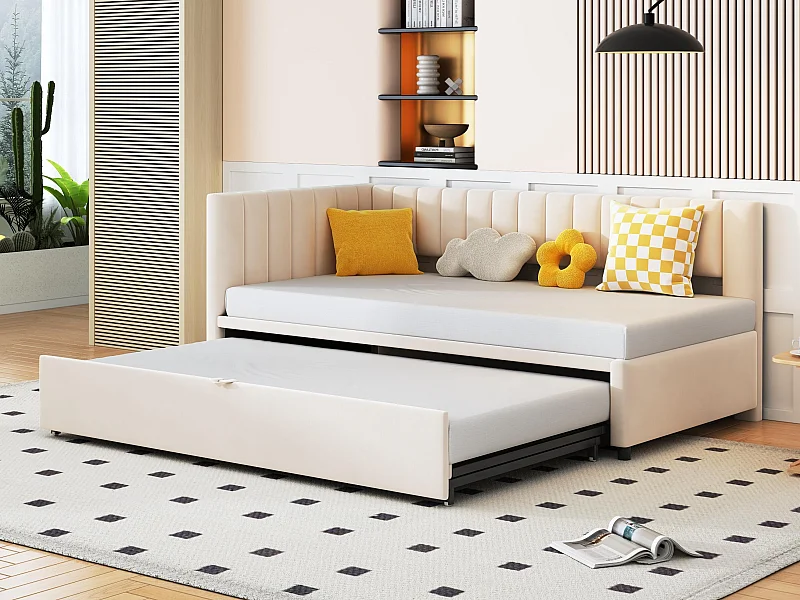 Ausziehbett 90/180x200cm aus Samt – Beige (Matratze nicht im Lieferumfang enthalten)