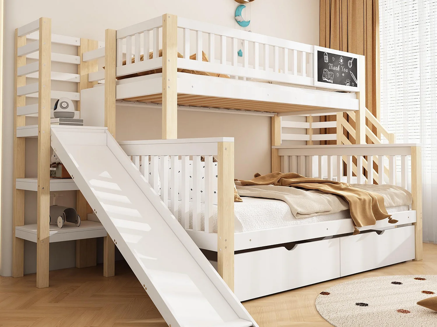 Etagenbett 90x200cm + 140x200cm aus Holz – mit 2 Schubladen, Rutsche und Stauraumtreppe – Weiß