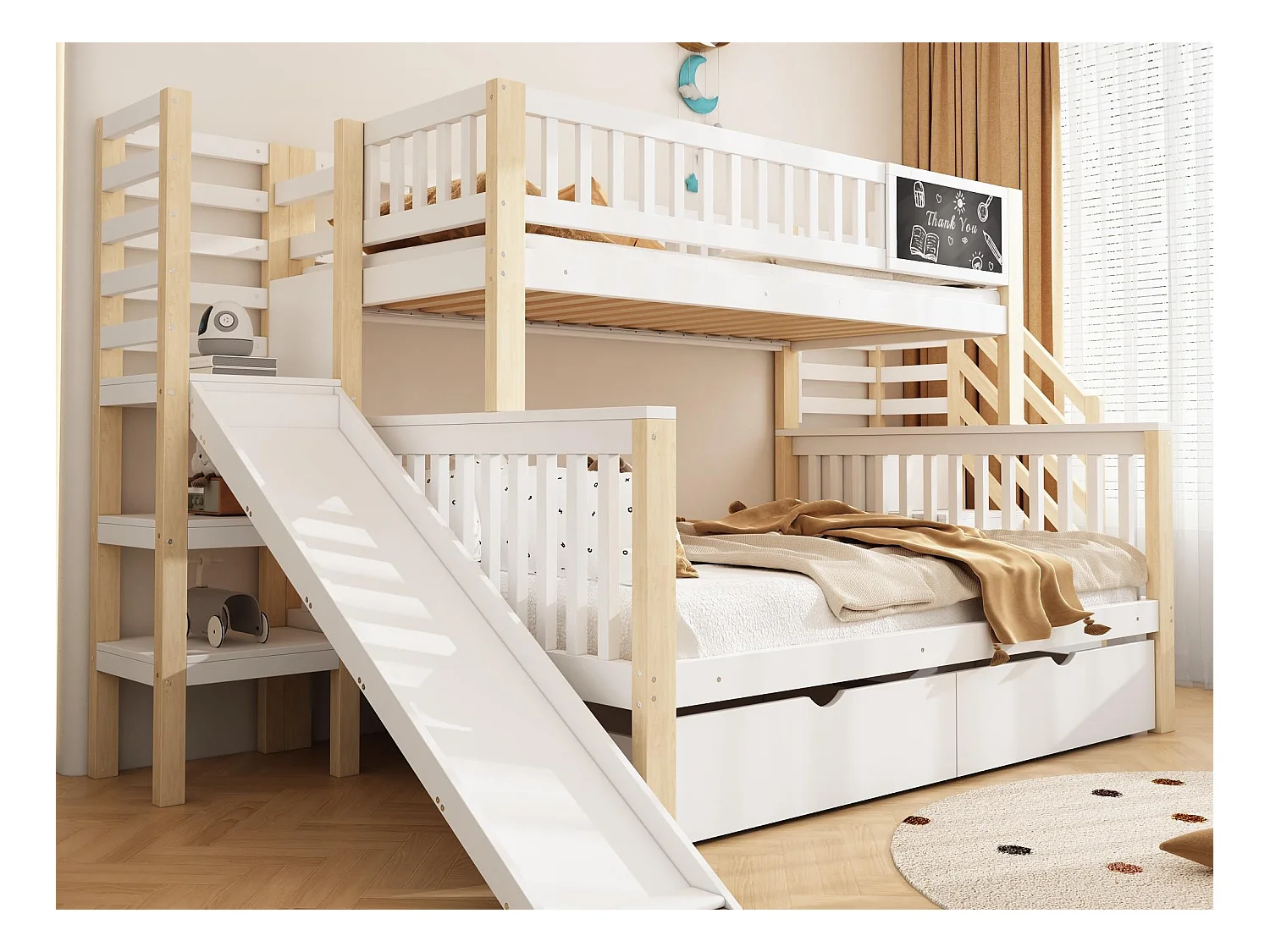 Lit superposé 90x200cm + 140x200cm en bois - avec 2 tiroirs、toboggan et escalier de rangement - Blanc