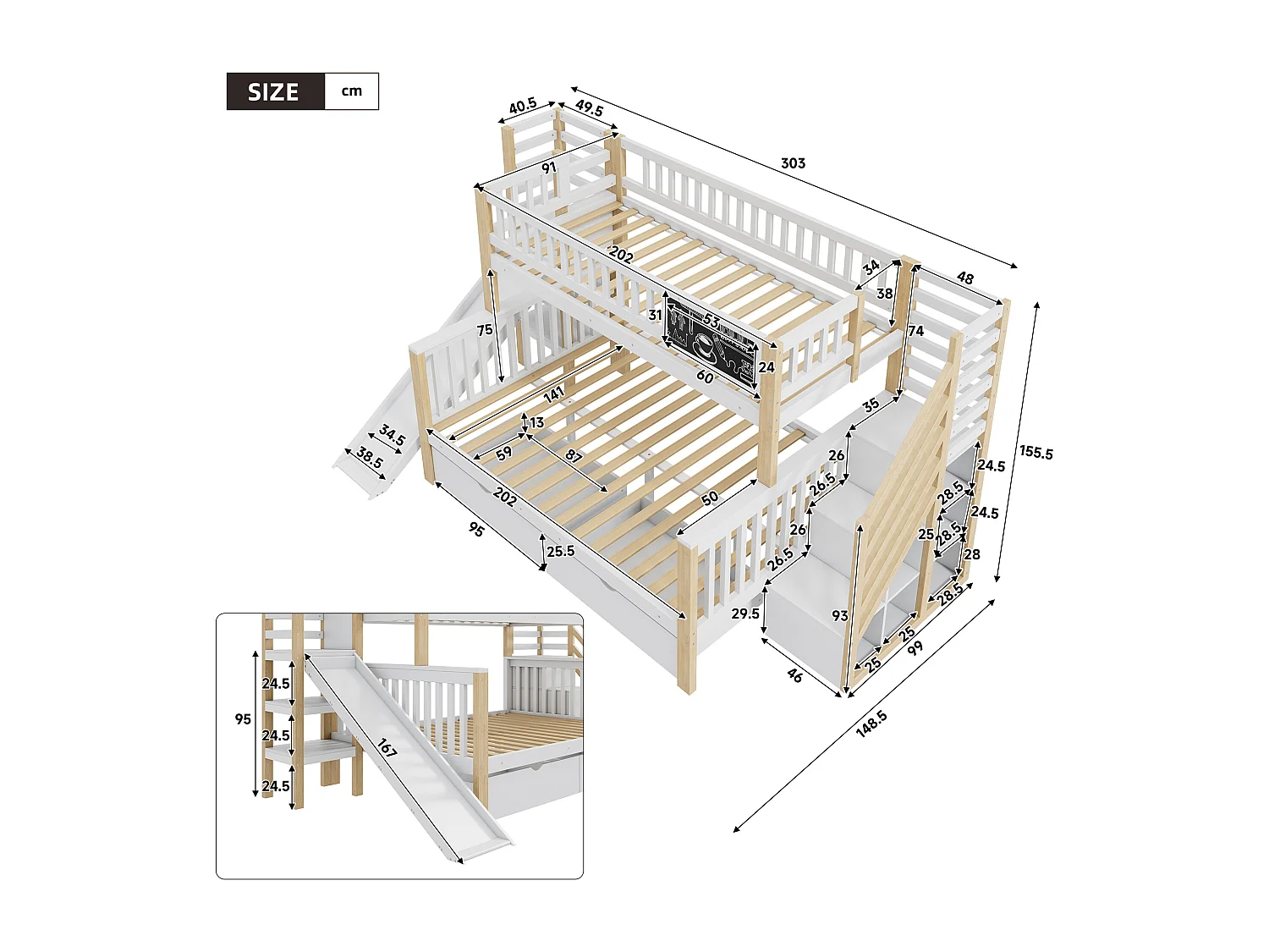 Letto a castello 90x200cm + 140x200cm in legno - con 2 cassetti, scivolo e scala portaoggetti - Bianco