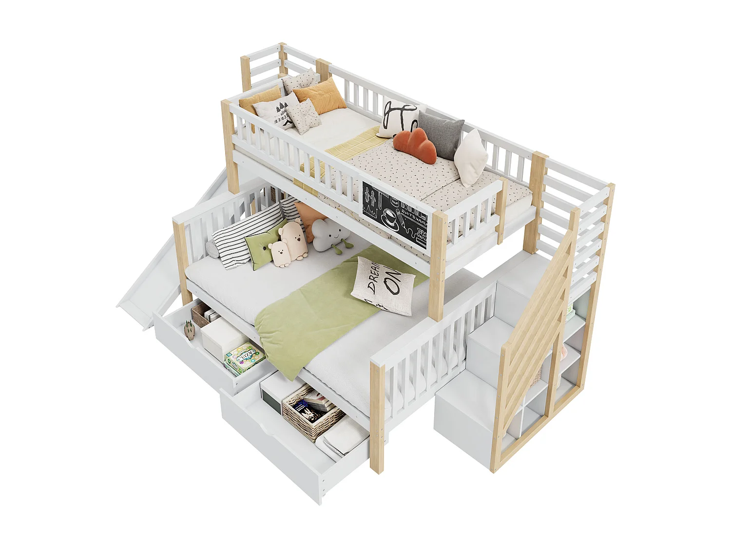 Letto a castello 90x200cm + 140x200cm in legno - con 2 cassetti, scivolo e scala portaoggetti - Bianco