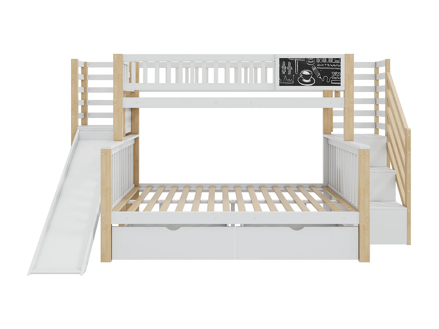 Letto a castello 90x200cm + 140x200cm in legno - con 2 cassetti, scivolo e scala portaoggetti - Bianco