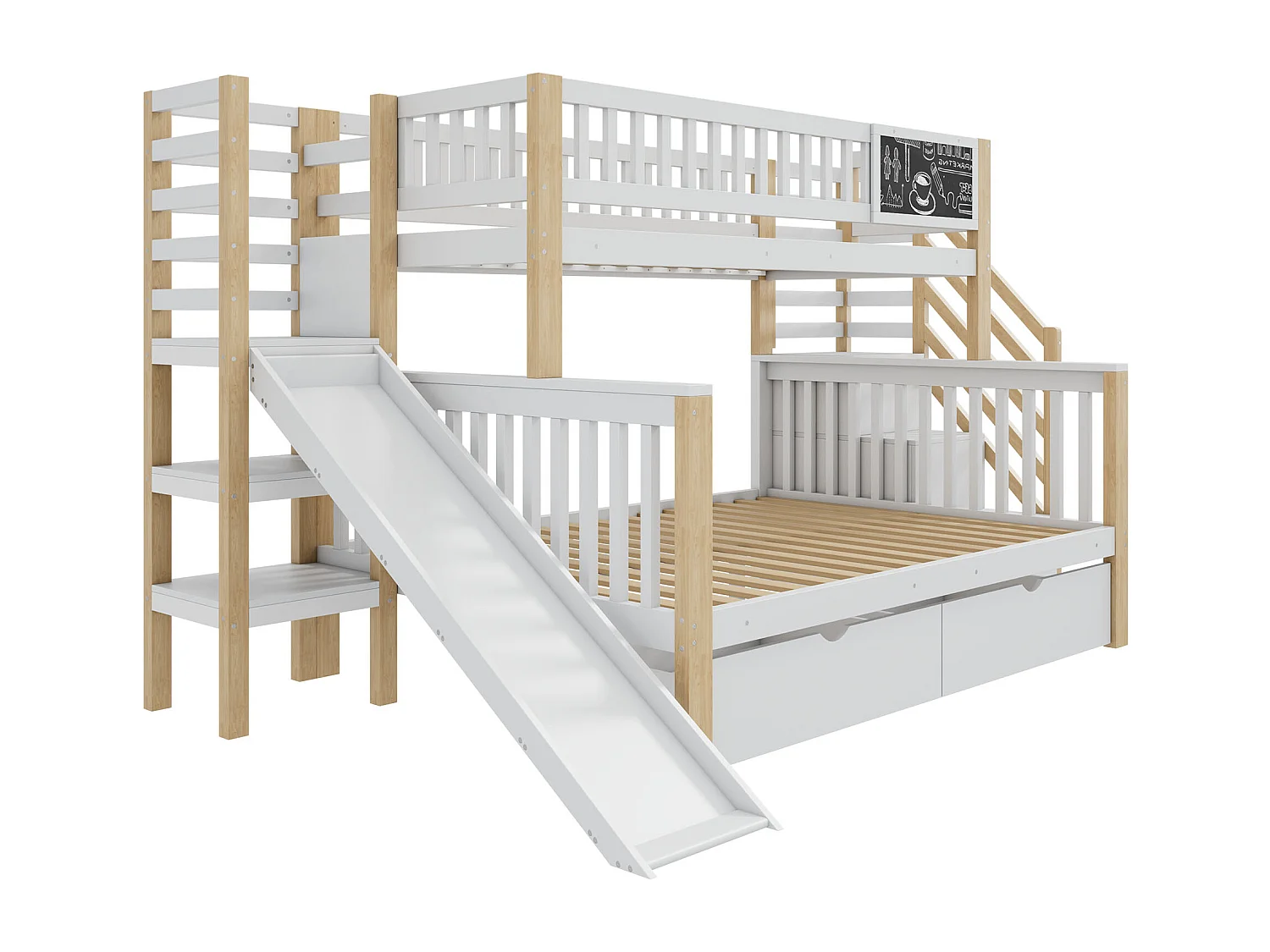 Letto a castello 90x200cm + 140x200cm in legno - con 2 cassetti, scivolo e scala portaoggetti - Bianco