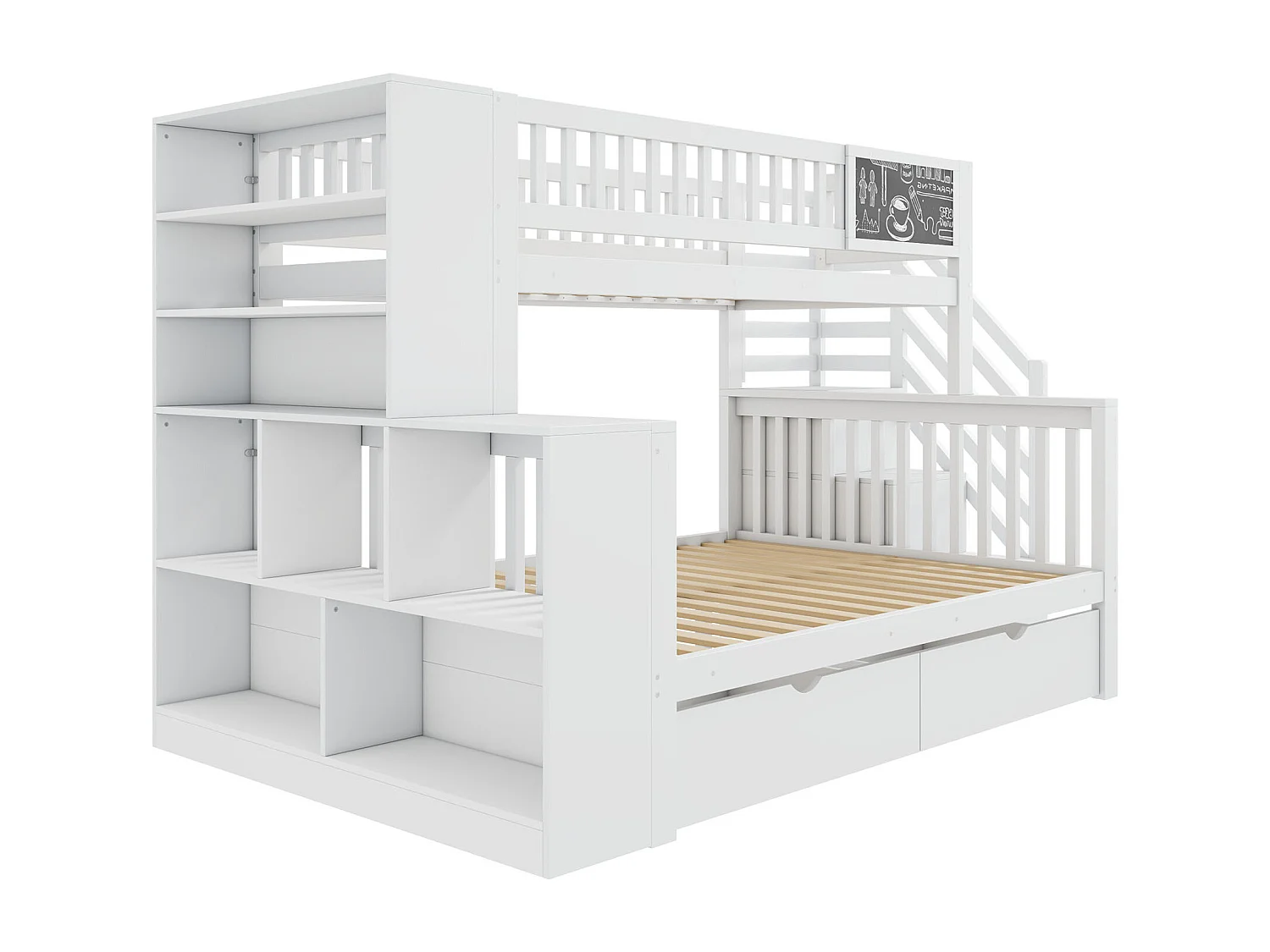 Łóżko piętrowe 90x200cm + 140x200cm z drewna - z 2 szufladami, biblioteczką i schodami do przechowywania - Białe
