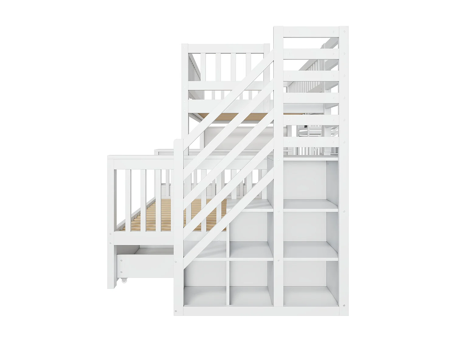 Łóżko piętrowe 90x200cm + 140x200cm z drewna - z 2 szufladami, biblioteczką i schodami do przechowywania - Białe