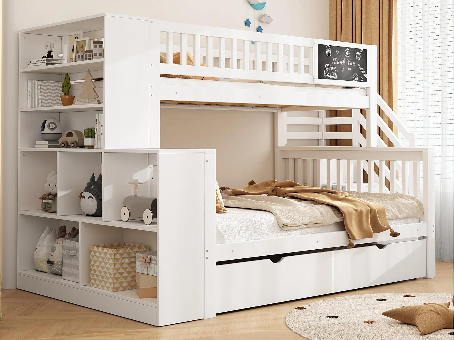 Letto a castello 90x200cm + 140x200cm in legno - con 2 cassetti, libreria e scala porta oggetti - Bianco