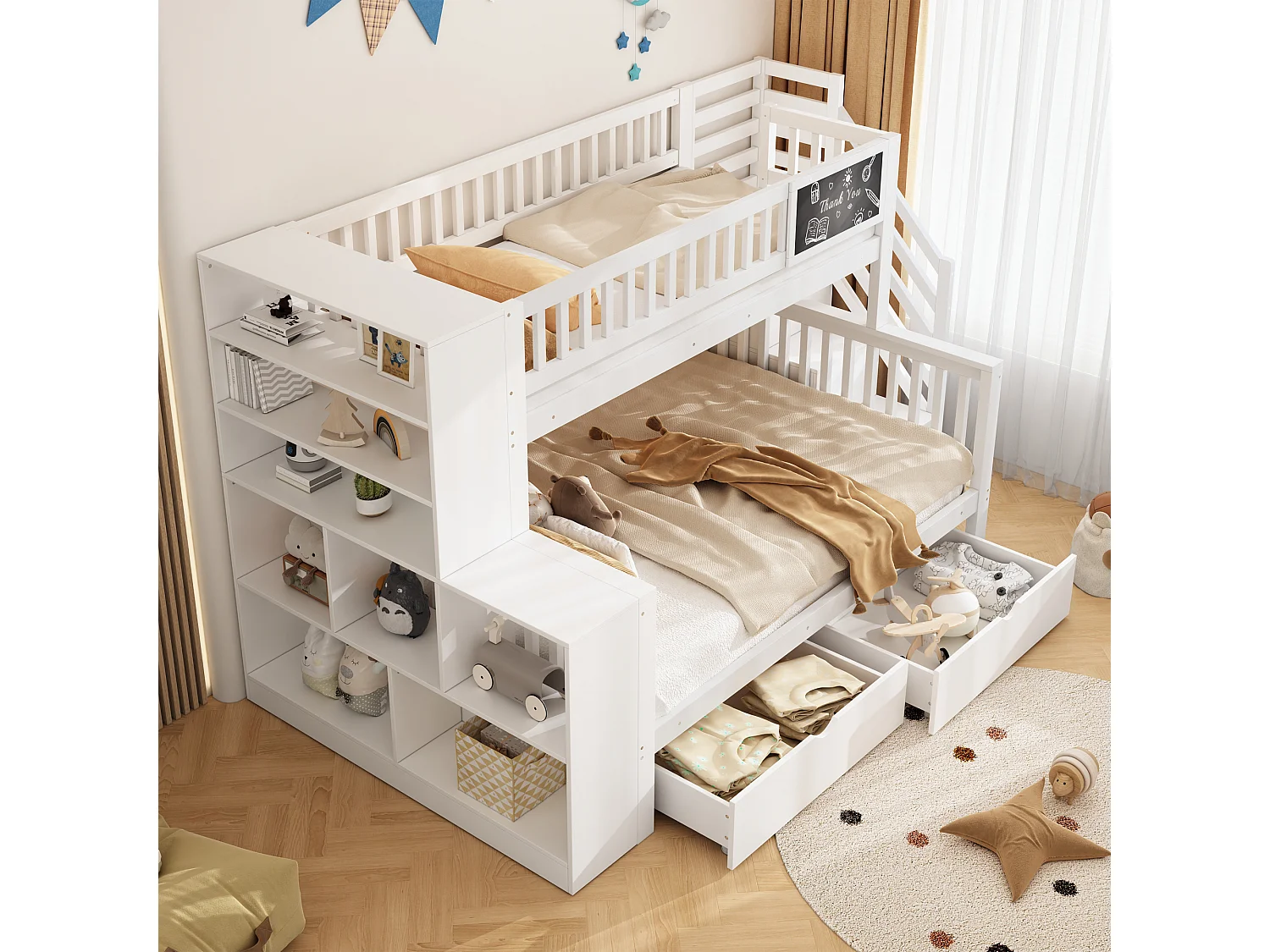 Letto a castello 90x200cm + 140x200cm in legno - con 2 cassetti, libreria e scala porta oggetti - Bianco