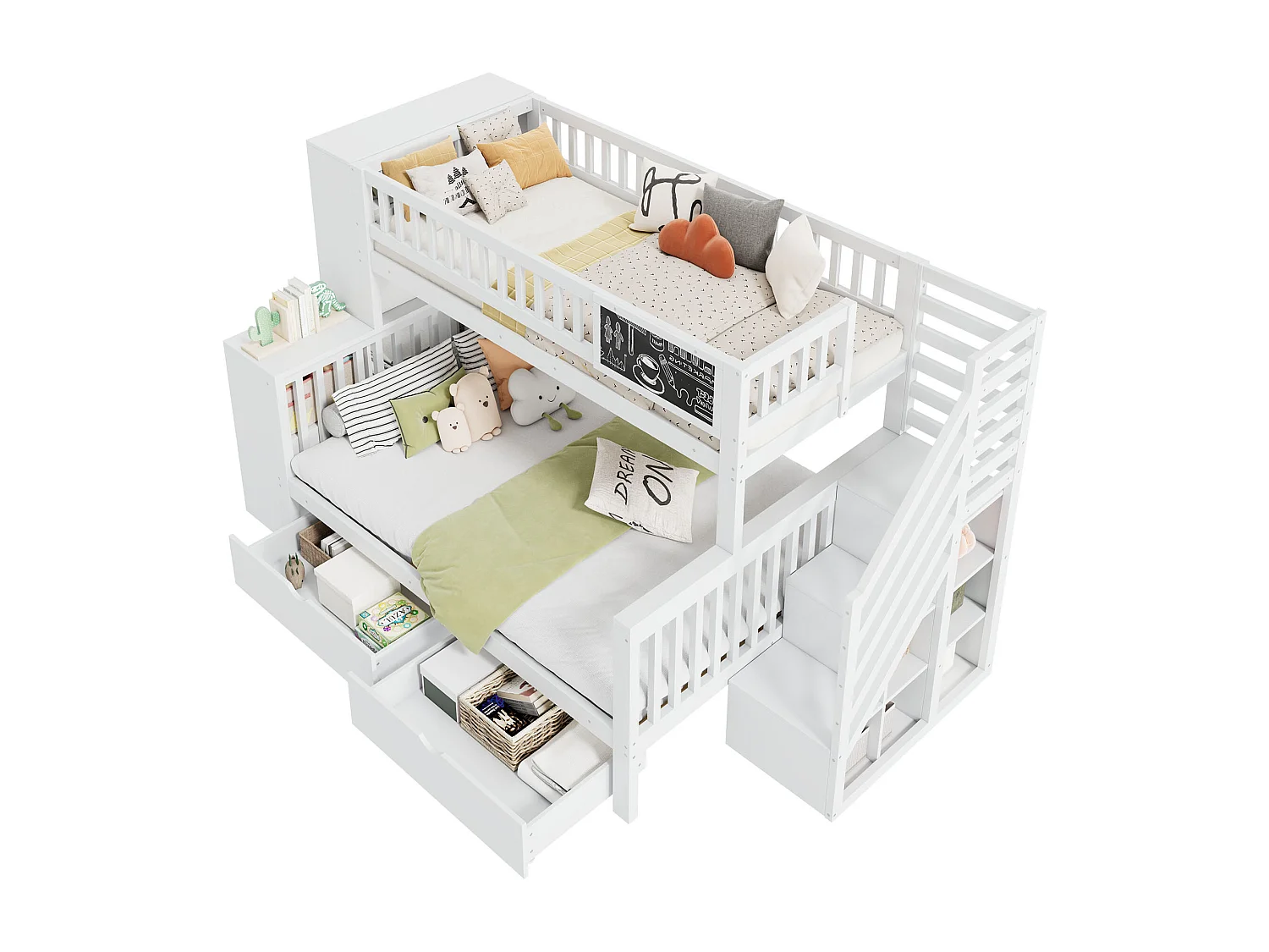 Letto a castello 90x200cm + 140x200cm in legno - con 2 cassetti, libreria e scala porta oggetti - Bianco