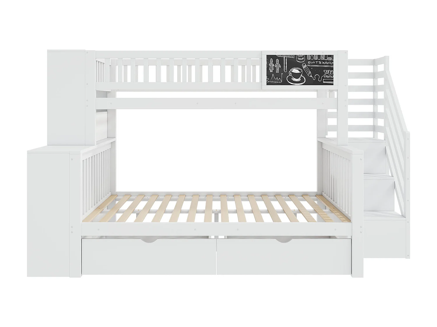 Letto a castello 90x200cm + 140x200cm in legno - con 2 cassetti, libreria e scala porta oggetti - Bianco