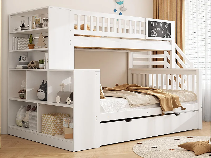 Etagenbett 90x200cm + 140x200cm aus Holz – mit 2 Schubladen, Bücherregal und Stauraumtreppe – Weiß