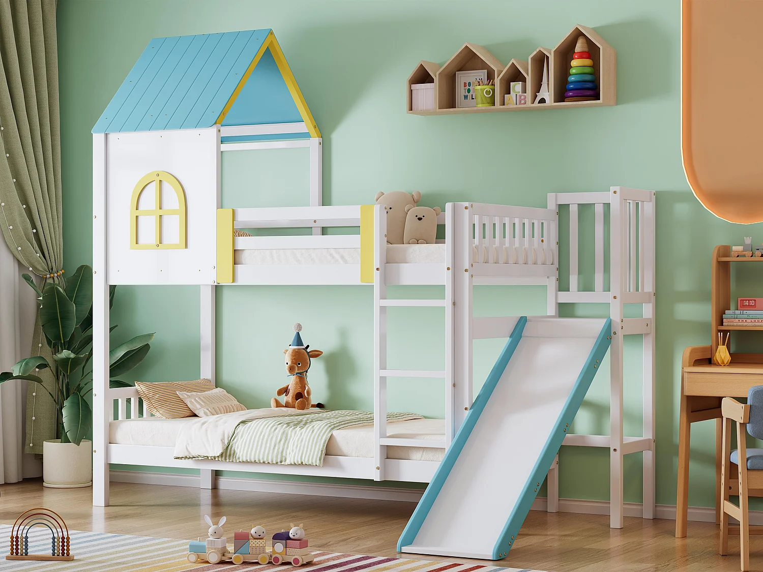 Lit superposé 90x200cm en bois - avec un toboggan et 2 sommiers à lattes - Blanc & Bleu
