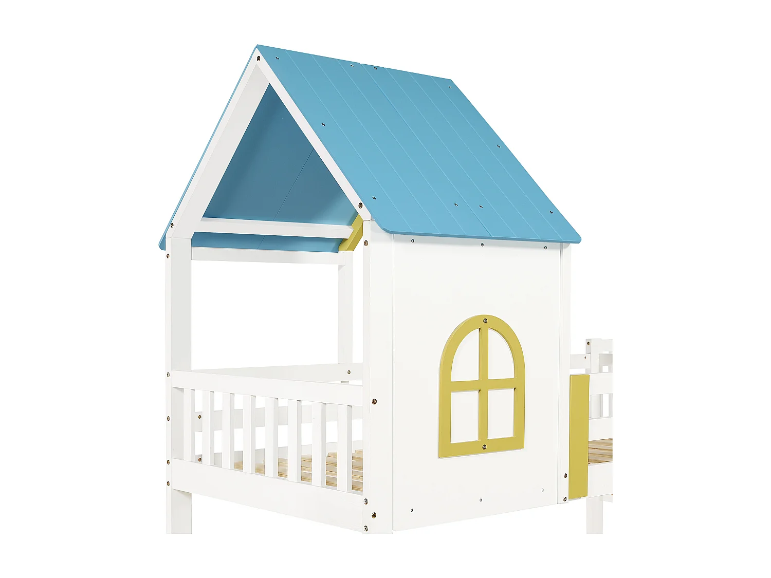 Lit superposé 90x200cm en bois - avec un toboggan et 2 sommiers à lattes - Blanc & Bleu