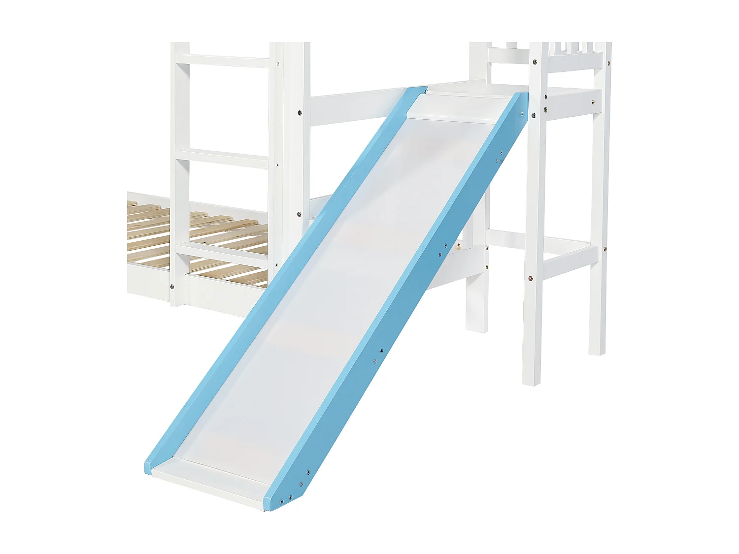 Lit superposé 90x200cm en bois - avec un toboggan et 2 sommiers à lattes - Blanc & Bleu