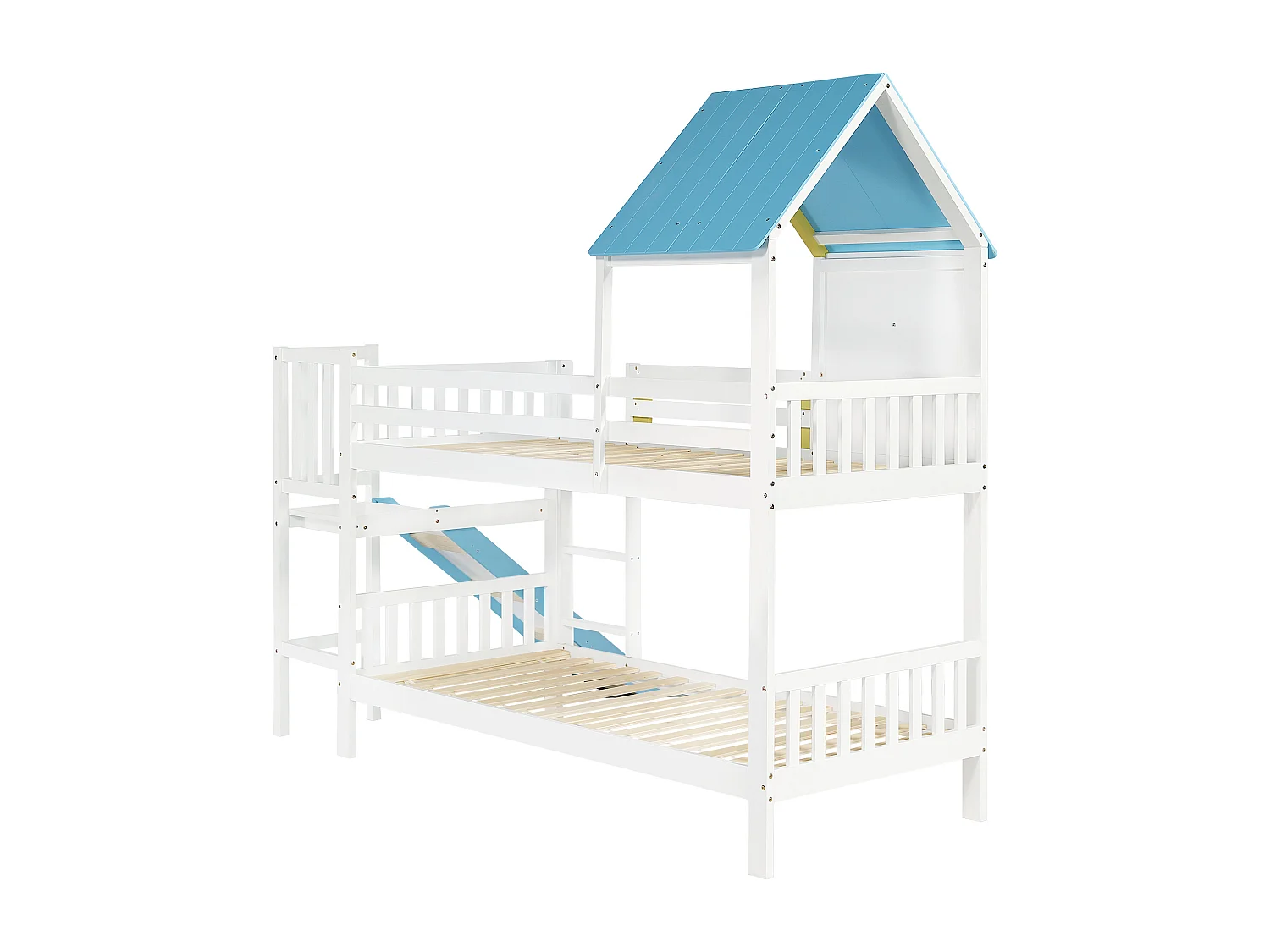 Lit superposé 90x200cm en bois - avec un toboggan et 2 sommiers à lattes - Blanc & Bleu
