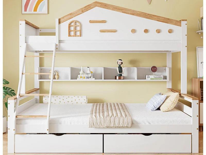 Houten stapelbed 90x200cm + 140x200cm - met ladder en 2 lades - Wit & Naturel