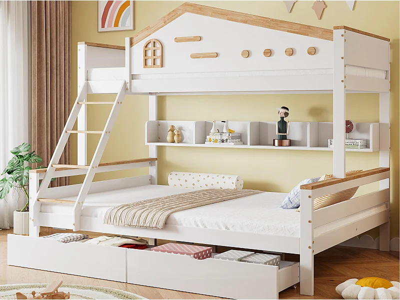 Houten stapelbed 90x200cm + 140x200cm - met ladder en 2 lades - Wit & Naturel